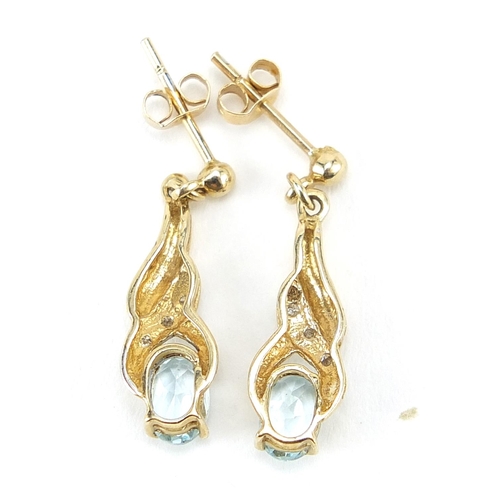 44 - Pair of 9ct gold diamond and blue stone drop earrings, possibly aquamarine, 2.2cm high, 1.7g