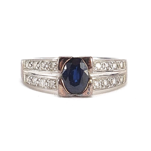47 - Art Deco style 9ct white gold sapphire and diamond ring, size K, 3.1g