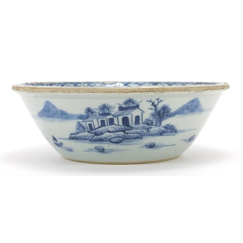 Chinese blue and white porcelain bowl hand painted with a river landscape and flowers, 15cm in diameter