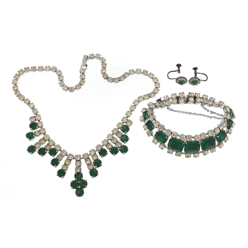 Vintage green and clear paste necklace, bracelet and earrings, the necklace 38cm in length