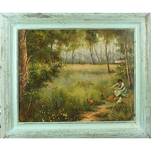 57 - After George Boyle - Female feeding chickens before trees, oil on board, mounted and framed, 50cm x ... 