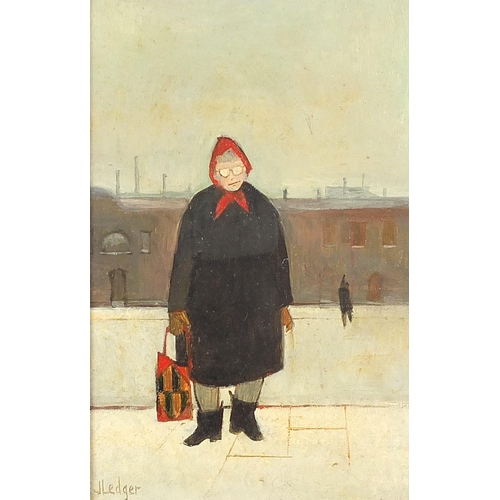 16 - Janet Ledger - Woman with stitched bag, Modern British oil on board, inscribed verso, mounted and fr... 