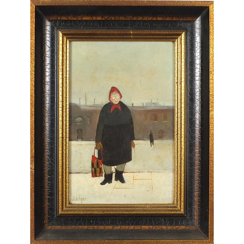 16 - Janet Ledger - Woman with stitched bag, Modern British oil on board, inscribed verso, mounted and fr... 