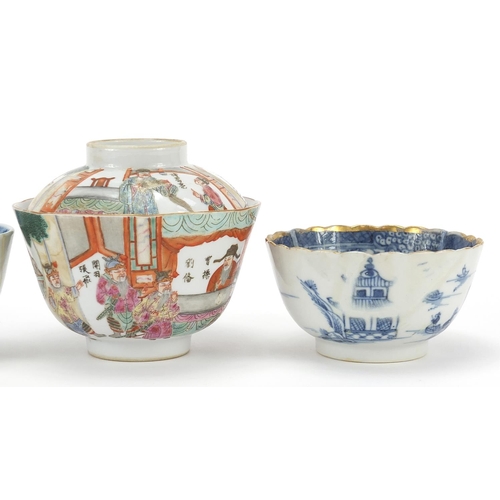 10 - Chinese porcelain including a famille rose rice bowl with cover hand painted with figures, the large... 