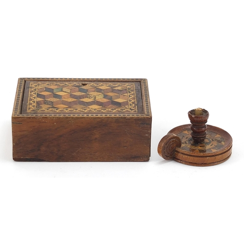 47 - Tunbridge Ware Wee Willy Winkie candle stick and tumbling block design box with hinged lid, the larg... 