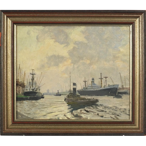 40 - William Eric Thorp - Boats on the River Thames, Modern British oil on board, W Frank Gadsby, London ... 