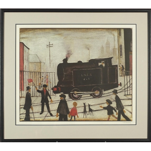 15 - Laurence Stephen Lowry - Level crossing with train, pencil signed print in colour, Salford Museum an... 
