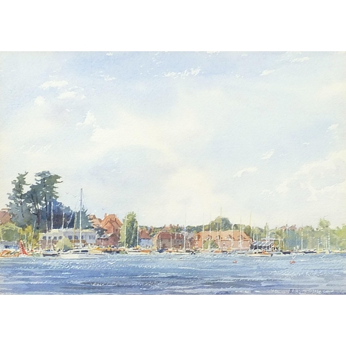 Barry Arthur Peckham '85 - Sailing vessels moored at Hamble-le-Rice, signed watercolour, mounted, framed and glazed, 26.5cm x 18.5cm excluding the mount and frame