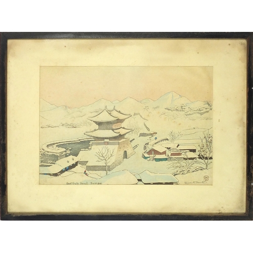 38 - Elizabeth Keith - East Gate, Seoul sunrise, 1920s Scottish school Japanese style woodblock print in ... 