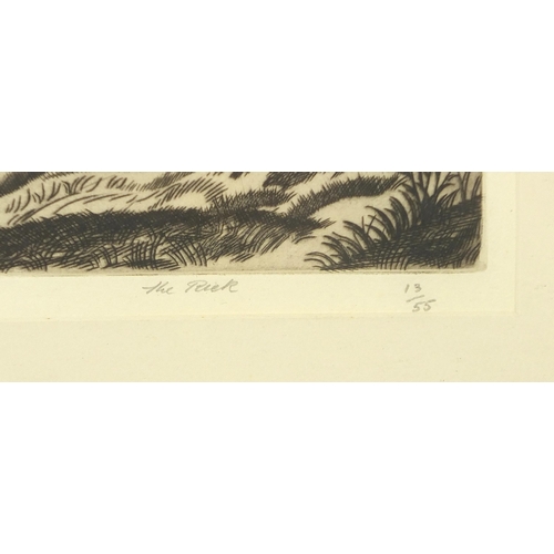 60 - Elizabeth White - The Rick, pencil signed drypoint etching, limited edition 13/55, G Bennett label a... 