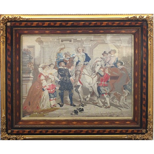 41 - 19th century Berlin wool work tapestry depicting 17th century figures, housed in an ornate gilt and ... 