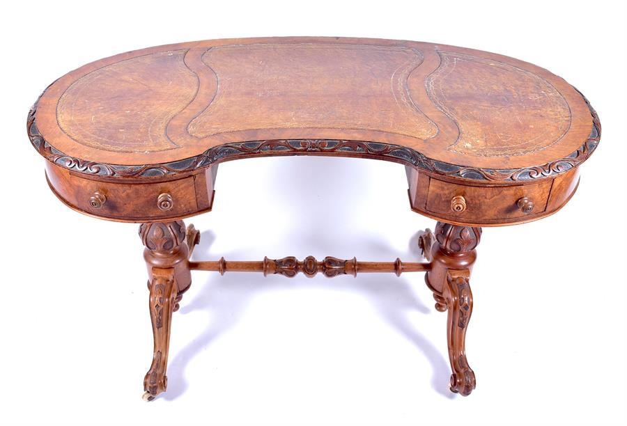 A Victorian Figured Walnut Kidney Shaped Writing Desk With Inset