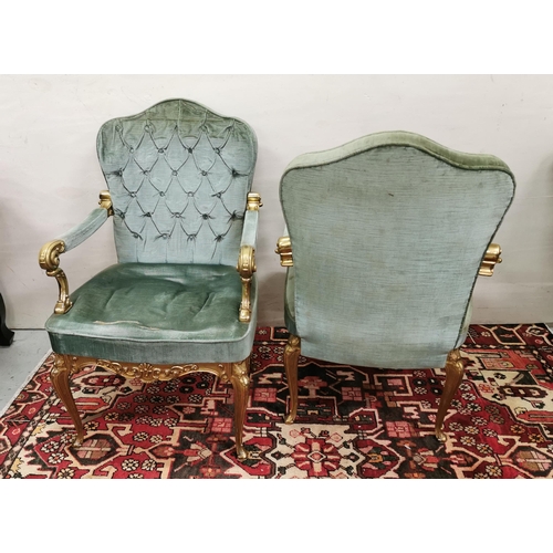 5 - Matching Pair of Continental Brass-Framed Armchairs, with curved backs, upholstered in green velour,... 