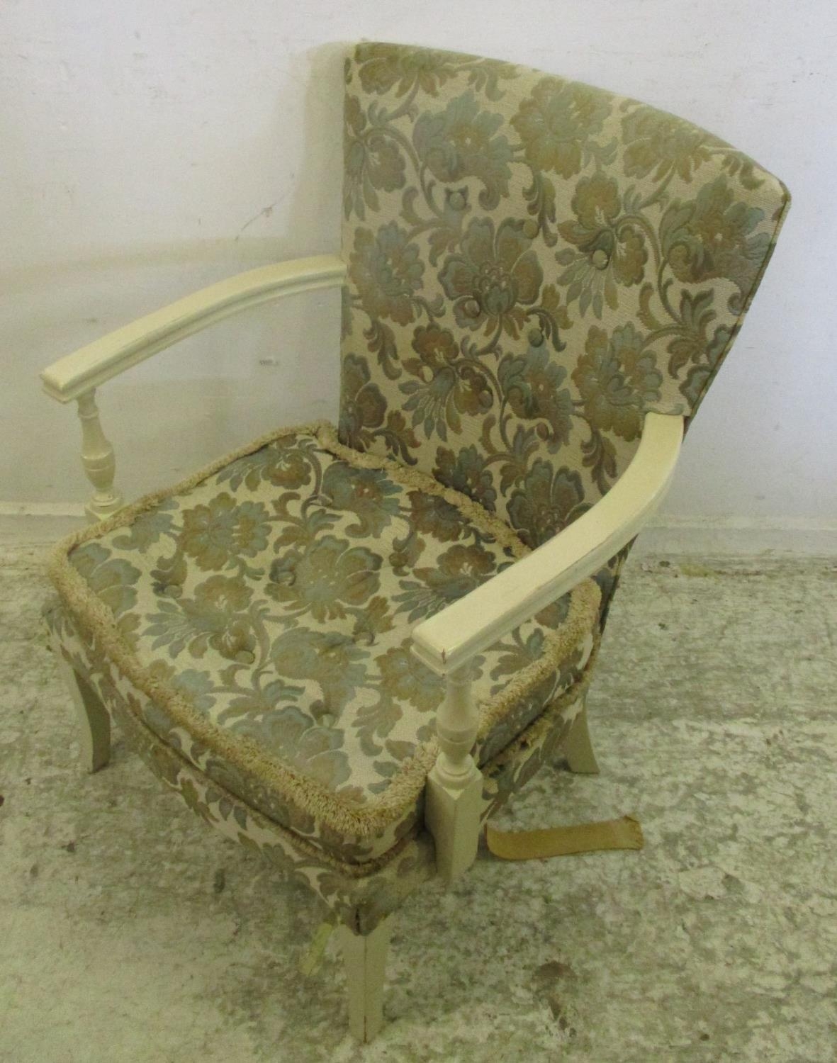 Low Cream Blue Floral Upholstered Bedroom Chair With Out