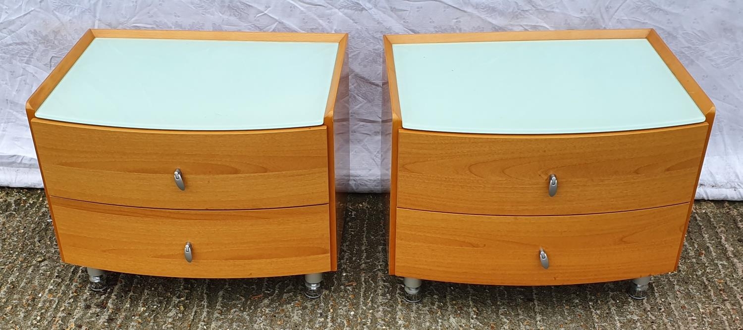 Pair Modern Bow Fronted Blonde Wood Bedside Cabinet Each With 2 Drawers Glass Inserts On Metal Su