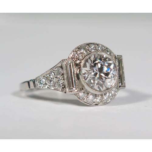 223a - An Art Deco Diamond Ring in .950 Platinum Setting, principal stone 1.48ct (ETD. 2.05ct), size N, 3.9... 