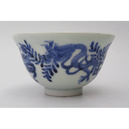 476 - An Eighteenth Century Chinese Blue and White Bowl decorated with dragons, six character marl to base... 