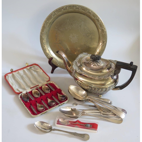 1 - A .830 Continental Silver Spoon, plated flatware, teapot and tray