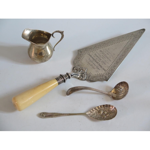 24 - A Birmingham Silver Creamer, ivory handled silver plated presentation trowel and two plated spoons