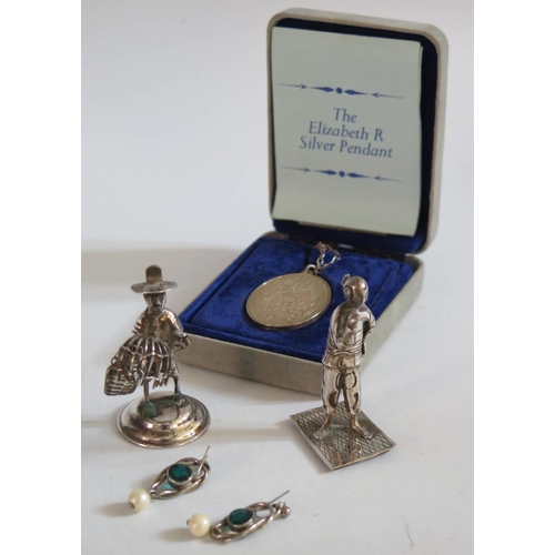 28 - Two Small Silver Figures, silver pendant and pair of earrings