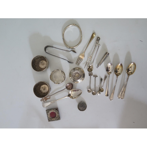 10a - Silver Flatware Napkin Ring, sugar tongs, pair if Indian white metal salts etc, 148g sterling
