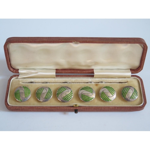 35 - A Cased Set of Six Edward VII Silver and Enamel Buttons, Birmingham 1907, Levi & Salaman