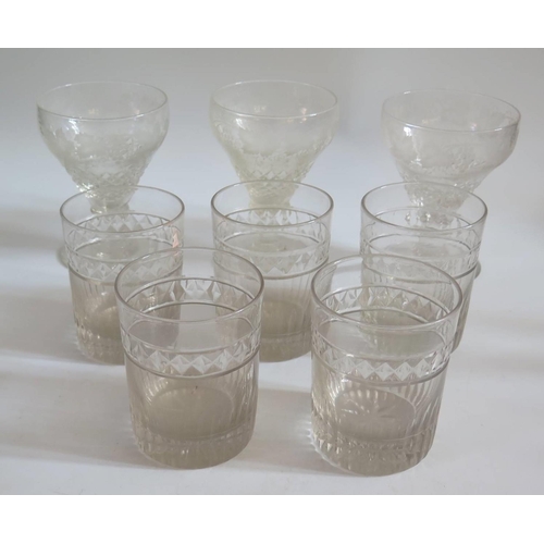 360 - A Set of Three Cut Glass and Engraved Rummers and set of five tumblers