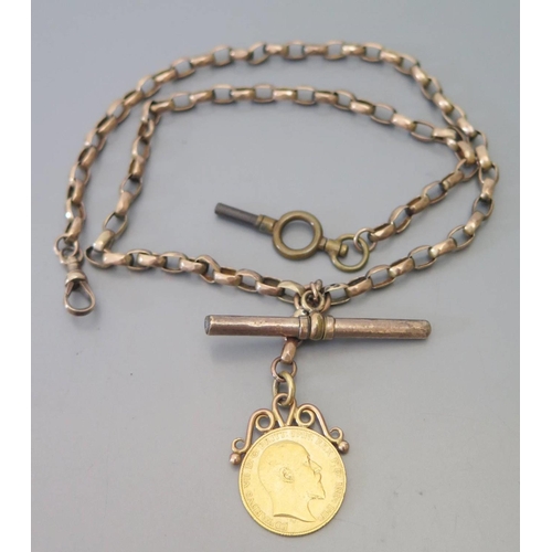 230 - A 9ct Gold Albert with T-bar and mounted half sovereign (chain 15.9g + mounted half sovereign)