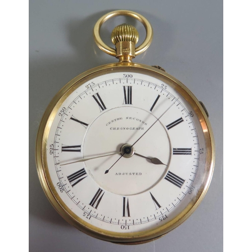 231 - A Victorian 18ct Gold Open Dial Centre Seconds Chronograph Keyless Pocket Watch, the 45mm enamel dia... 