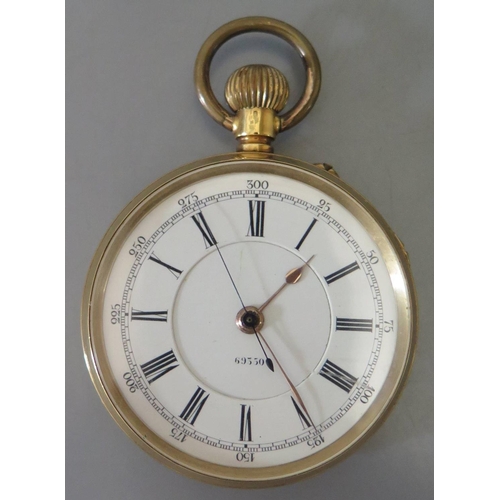 231a - An 18K Gent's Keyless Open Dial Chronograph Pocket Watch, the 43mm enamel dial with centre seconds a... 