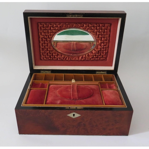 305 - A Victorian Burr Wood and Inlaid Sewing Box with mirror to underside of lid and fitted plush interio... 