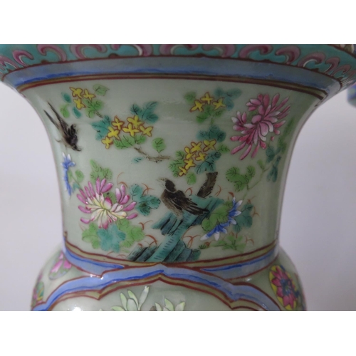 370 - A Pair of Nineteenth Cantonese Zun Shaped Celadon Porcelain Vases decorated with birds and foliage, ... 