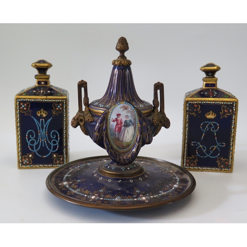 389a - An Eighteenth Century Sevres Porcelain Inkwell with matching pair of canisters bearing the monogram ... 