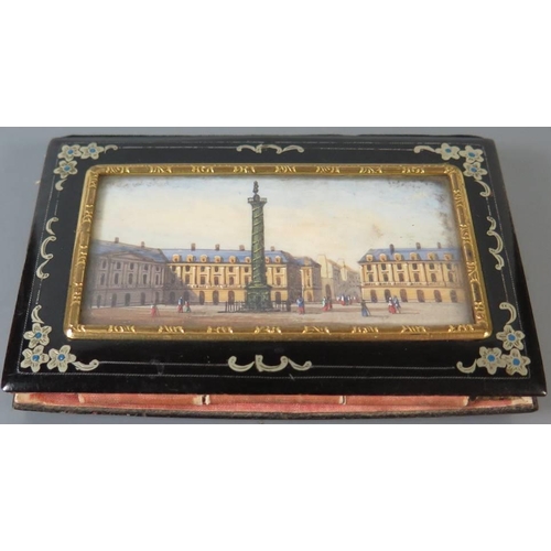 346 - A 19th century French aide memoire decorated with miniature scene of city Square