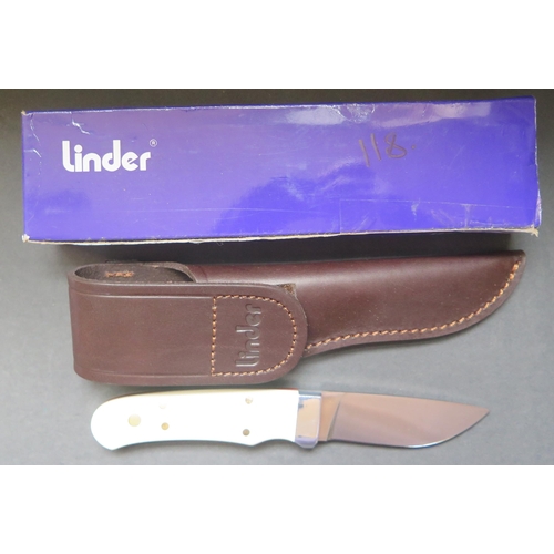 560 - A Linder Ivory Micarta Knife in leather sheath 2008 L143509 440, original receipt, boxed