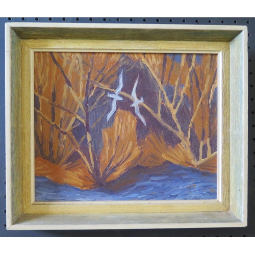 21 - Gwendolen R. Jackson (b.1919), 'Gulls and Willows', Oil on Board, Signed bottom right corner, Label ... 
