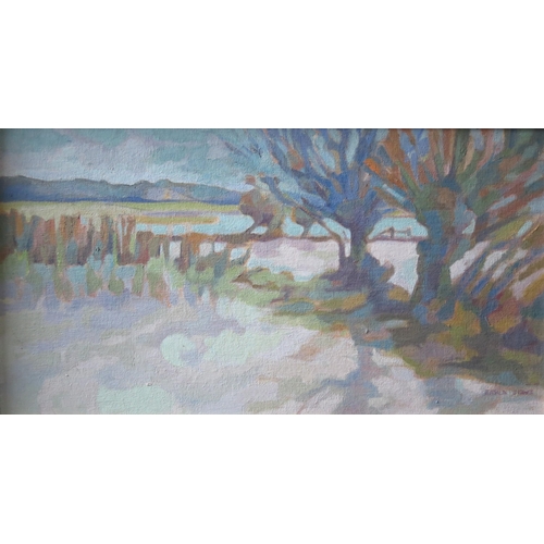 45 - Evans?, landscape scene, acrylic on board, 49x28cm, framed