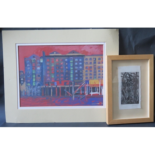 46 - LEDWARD '99, dockside scene, watercolour, 37x27cm and framed and glazed engraving