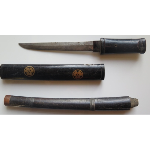 666 - A Small Japanese Tanto in a lacquered sheath, 23cm and one other sheath and Robert Taylor print