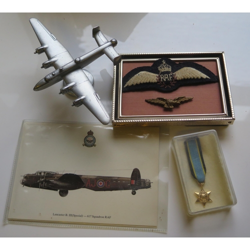 577 - An Aluminium Model WWII Bomber stamped DP CARTER (15cm wingspan), RAF cloth badge, brooch, Air Crew ... 