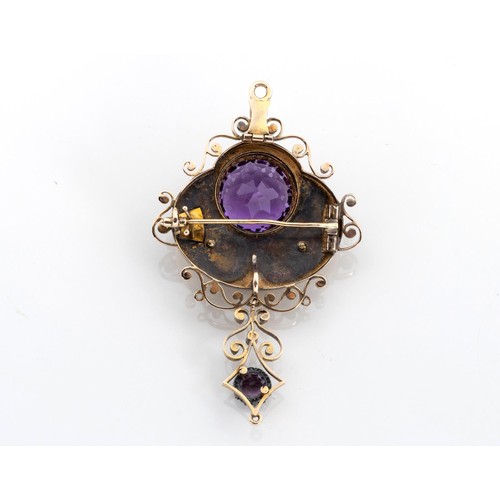 571 - A VICTORIAN AMETHYST, PEARL AND ENAMEL BROOCH/PENDANT AND MATCHING PENDANT EARRINGS