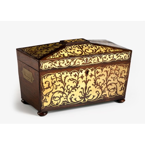 24 - A REGENCY ROSEWOOD AND BRASS-INLAID TEA CADDY