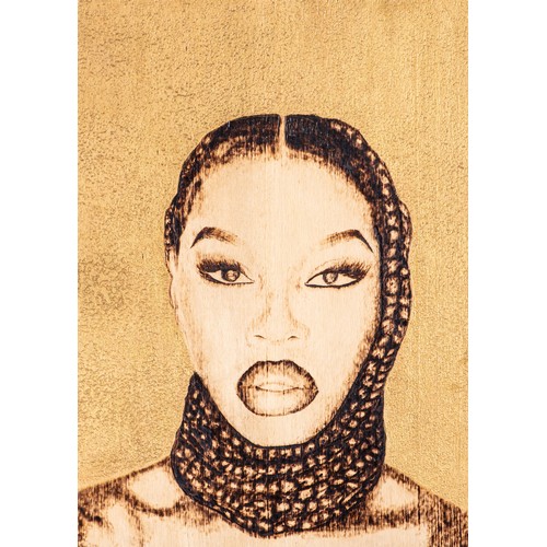 20 - Mel Madiba (South African 1993-): LINDIWE signedPyrography and pigment on wood60cm x 42,8cm... 