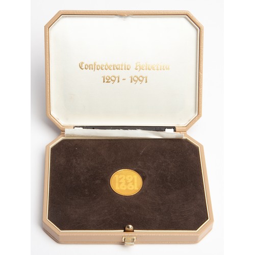 14 - A 700TH ANNIVERSARY OF THE SWISS CONFEDERATION 250 FRANC GOLD COIN, 1991
