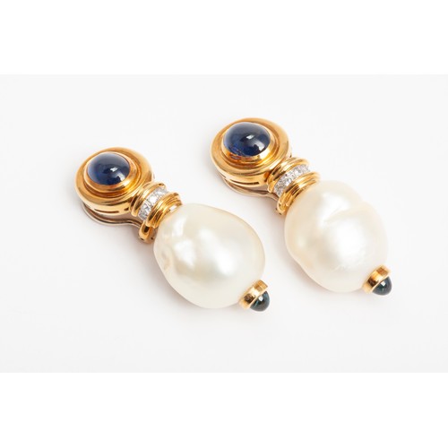 59 - A PAIR OF SAPPHIRE AND PEARL EARRINGS, CHARLES GREIG