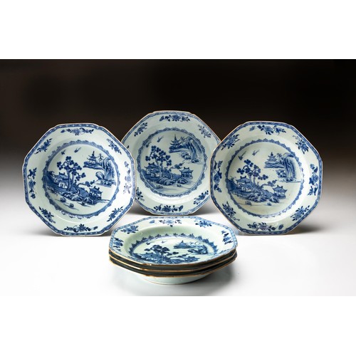 816 - A SET OF SIX CHINESE BLUE AND WHITE 'PINE AND PAGODA' SOUP PLATES, QING DYNASTY, QIANLONG, 1736 - 17... 