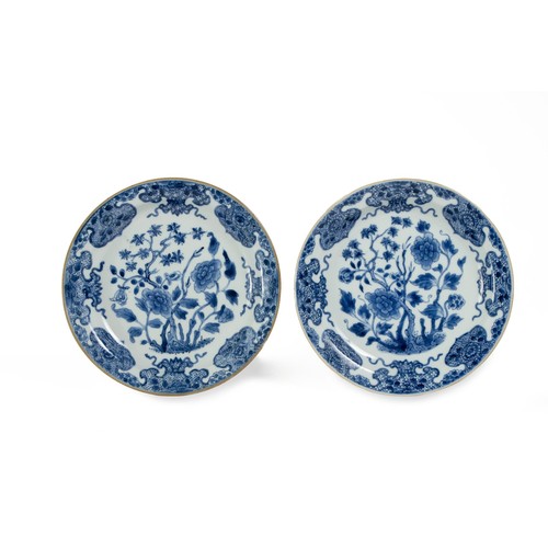 824 - A PAIR OF CHINESE BLUE AND WHITE 'TREE PEONY' PLATES, QING DYNASTY, QIANLONG 1736 - 1795