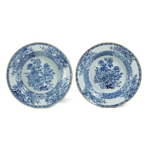 820 - A PAIR OF CHINESE BLUE AND WHITE 'PEONY AND SCROLL' SOUP PLATES, QING DYNASTY, QIANLONG, 1736 - 1795