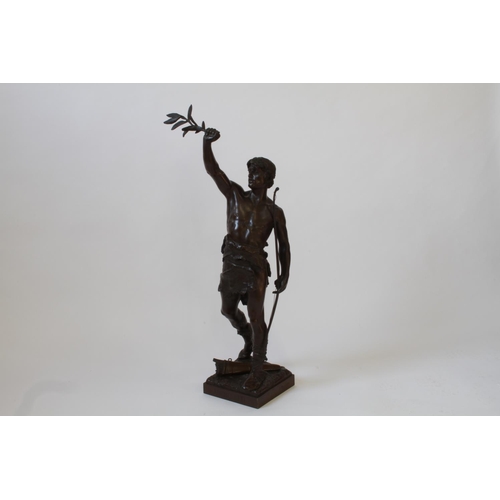 12 - Eugene Marioton. A Good French Bronze Statue of an Archer. Shown holding a loft a laurel leaf. Signe... 