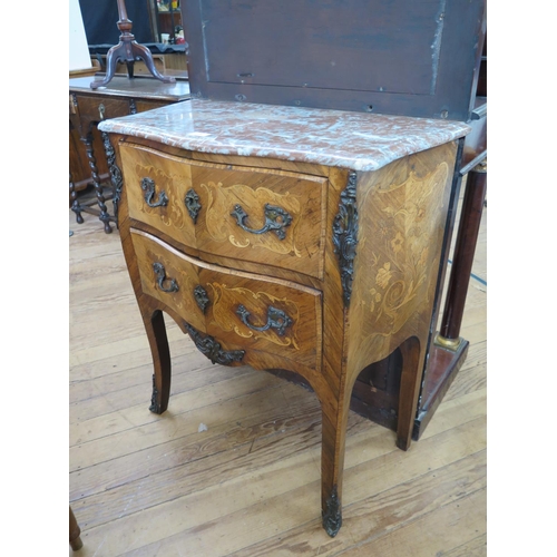 7 - A Louis XVI French Marble top Marquetry Commode. Late 18th century. Of small proportions. In Kingwoo... 